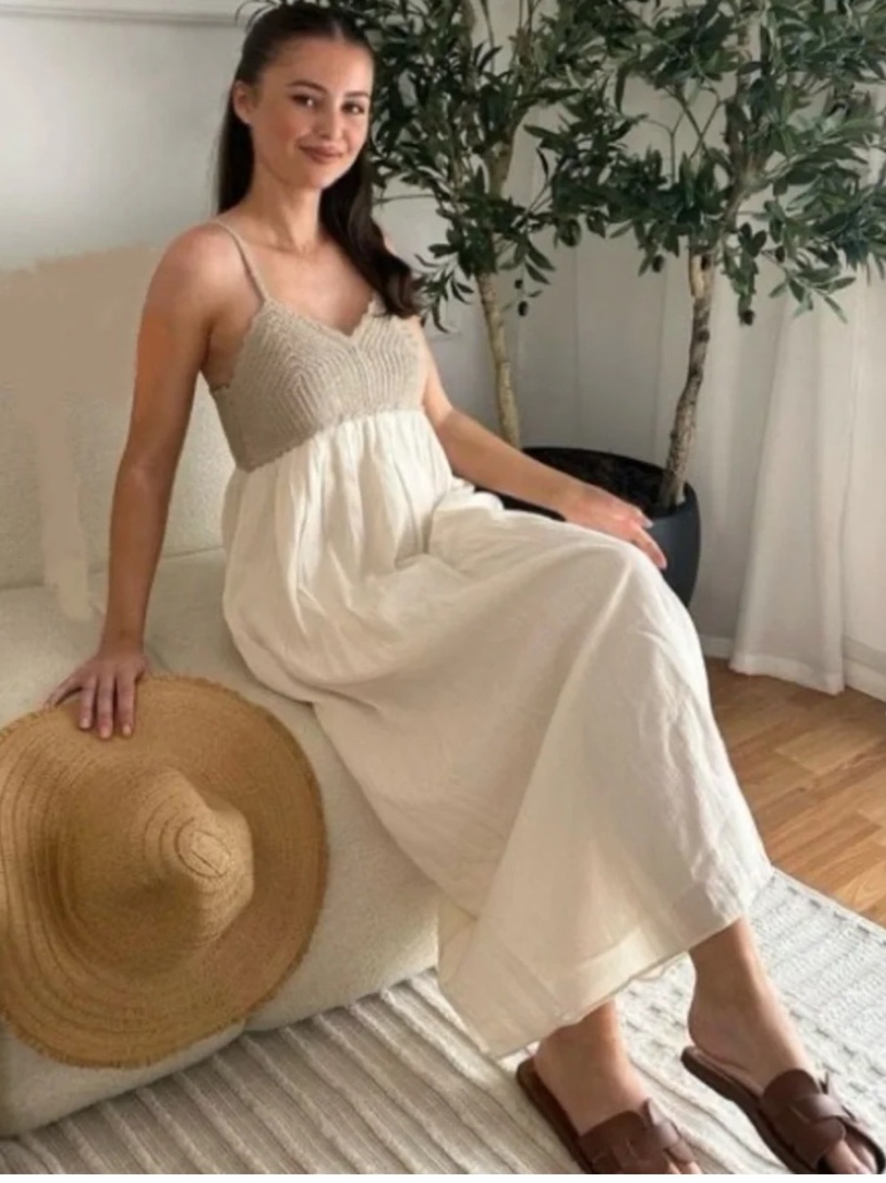 Zara Crochet Knit Midi Dress Cream Cotton Gauze Cottagecore Sz M Boho Beach - Picture 10 of 10